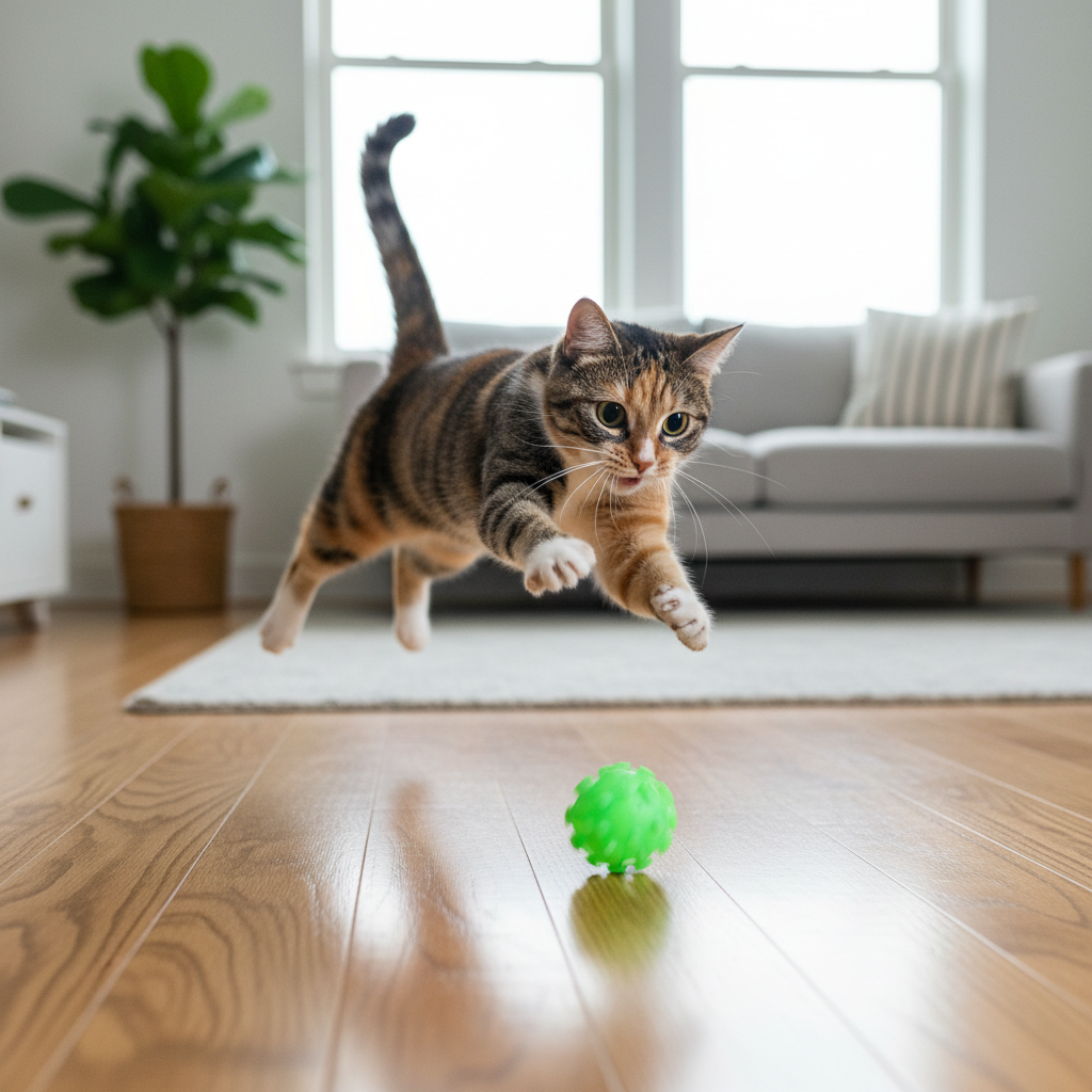 Green textured self-moving cat ball toy with crinkle-style surface on floor