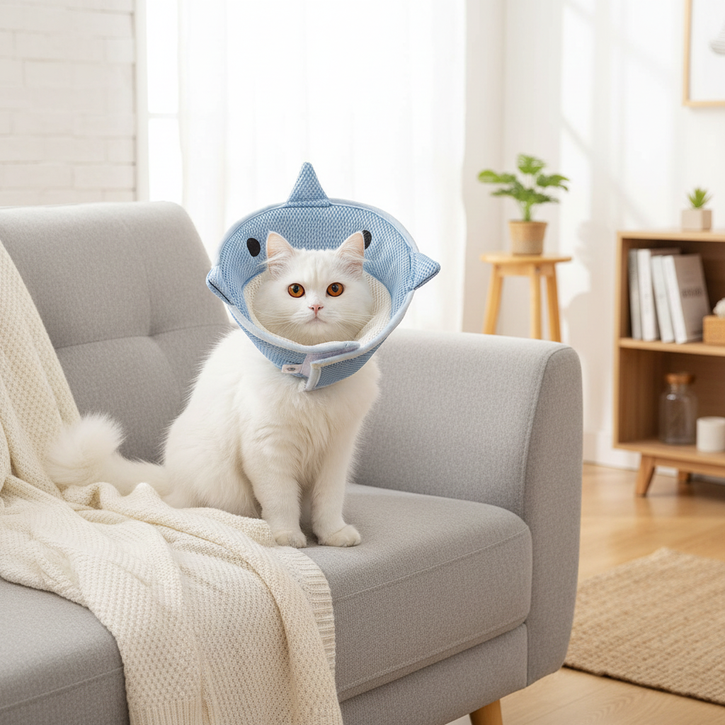 Soft recovery cone e-collar in light blue, worn around a white cat’s neck