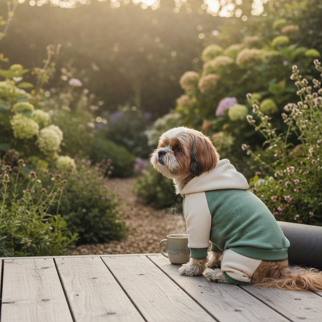 Dog tracksuit hoodie in dark green with light cream hood and cuffs, relaxed fit
