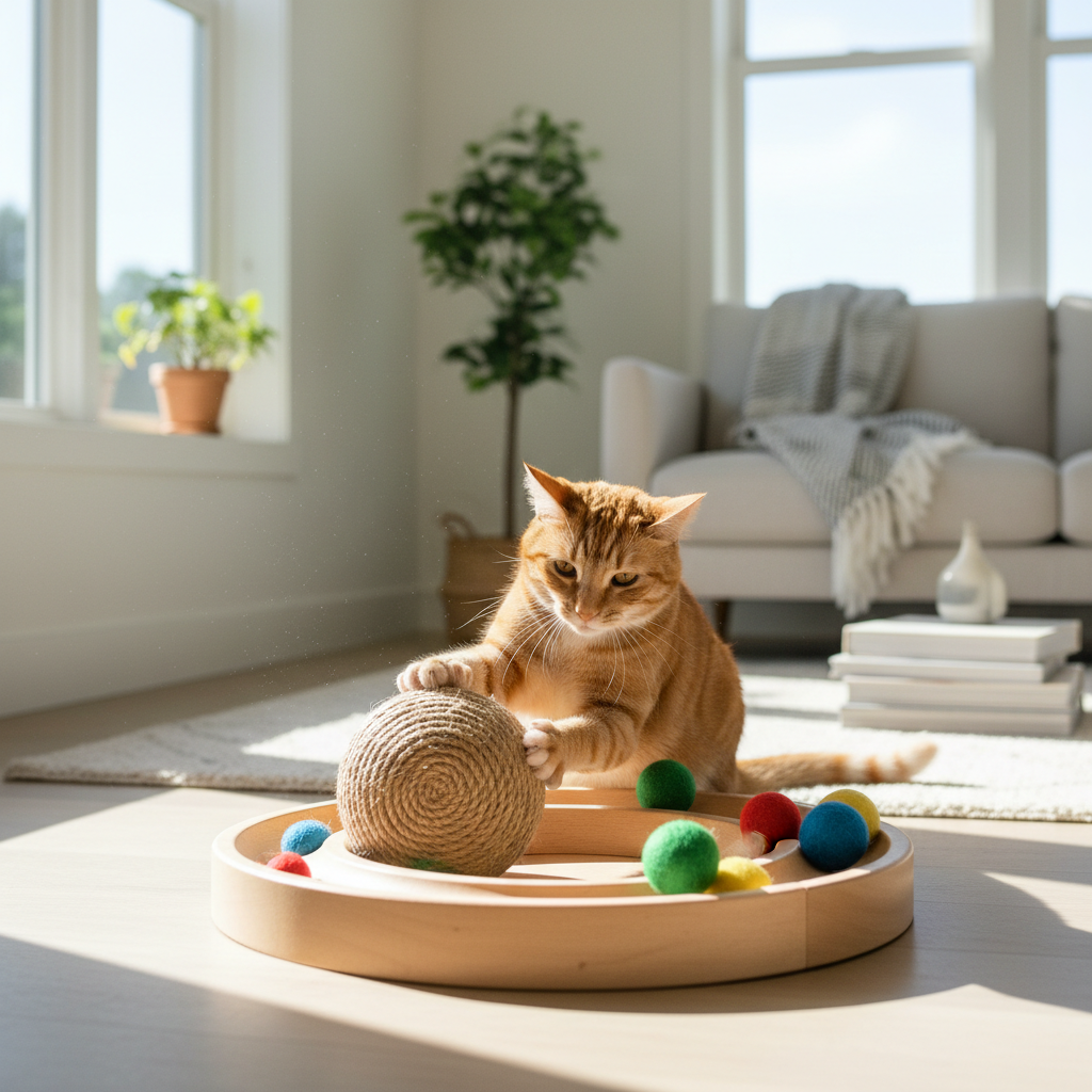 Sisal rope cat scratcher ball toy in wooden track tray with colorful rolling balls