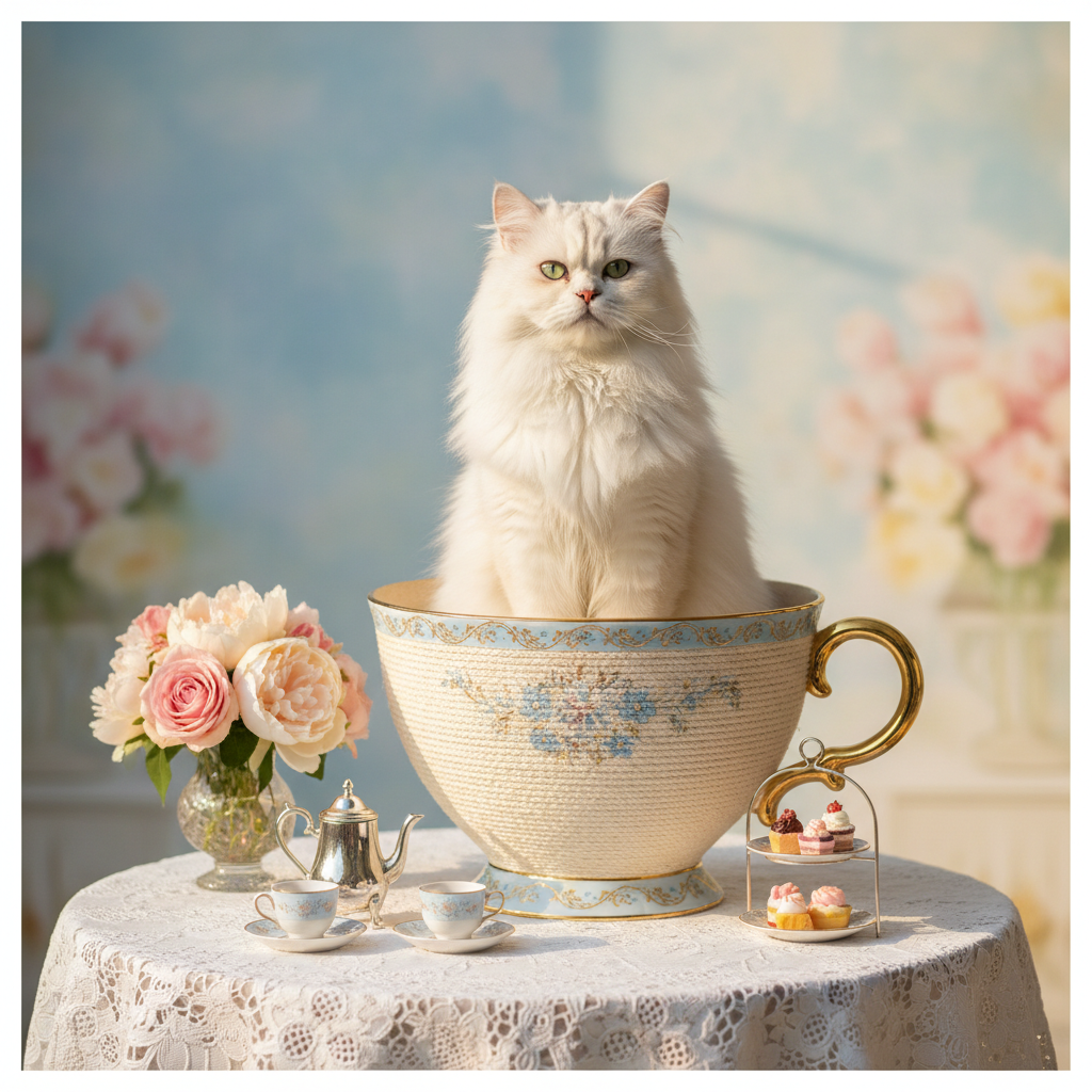 Fluffy white cat lounging in a decorative ceramic bowl with handles