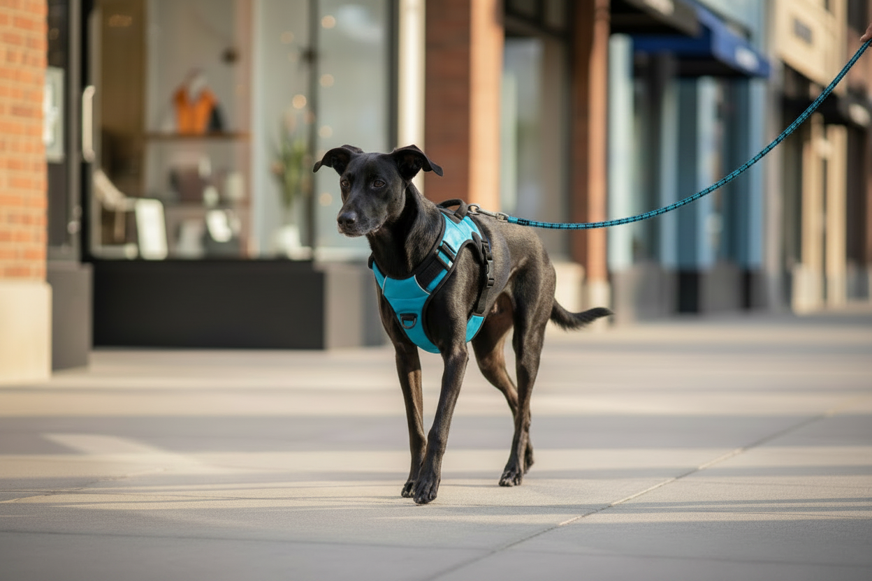 Blue reflective no-pull dog vest harness and leash, secure front straps on dog