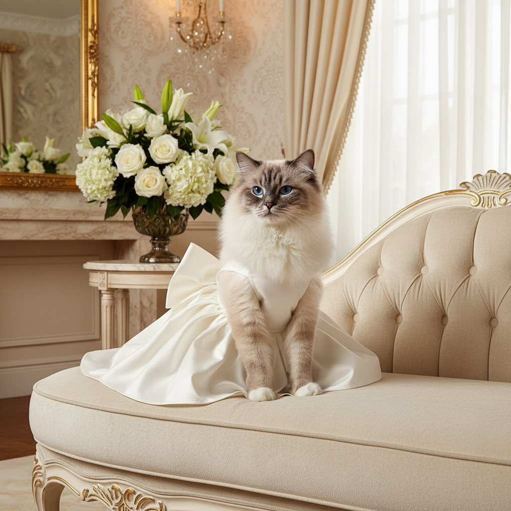 White sling dog dress with bow detail and flowing skirt, for pet