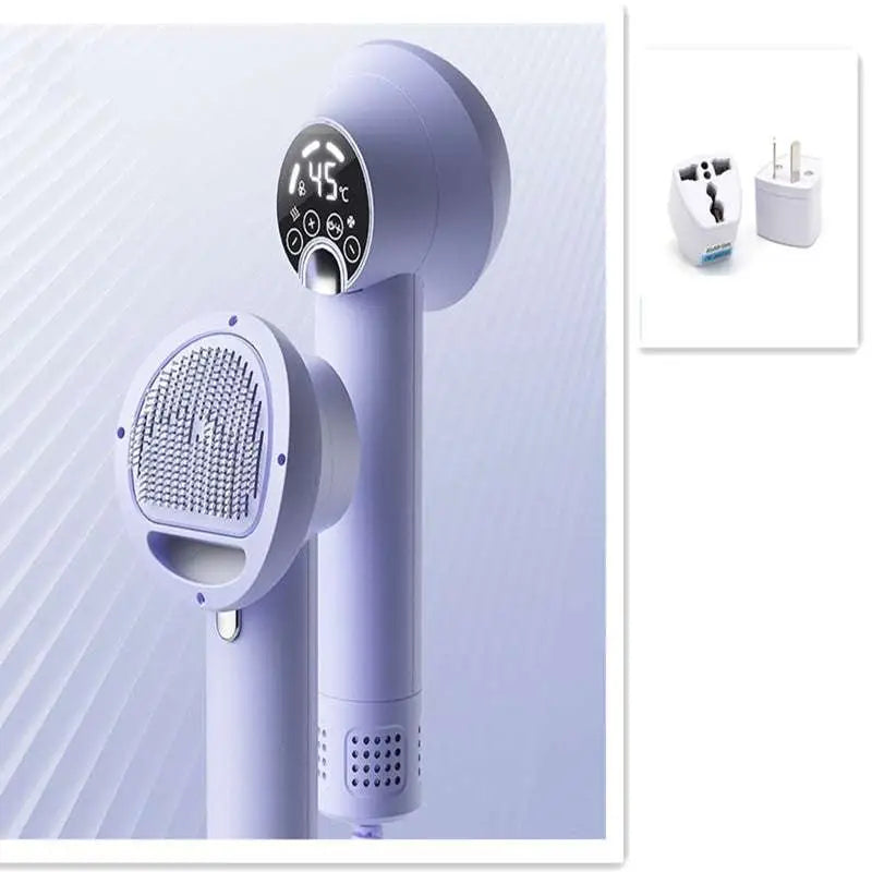 Purple pet hair dryer kit with round comb head and detachable power adapter