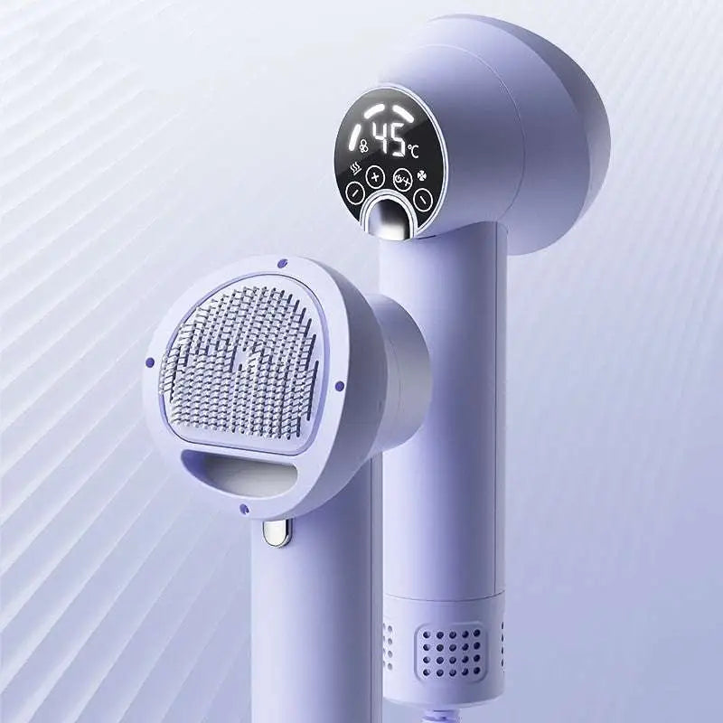 Purple pet hair dryer with digital temperature display and pin-style comb head