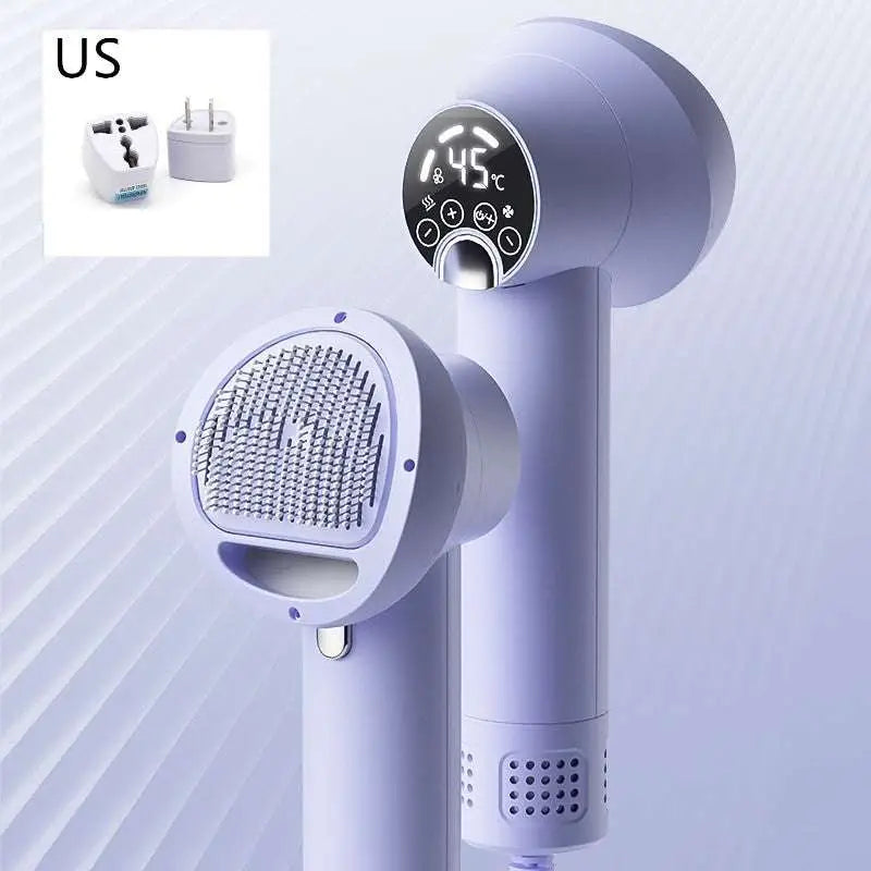 Purple pet hair dryer with digital display and round brushing comb attachment