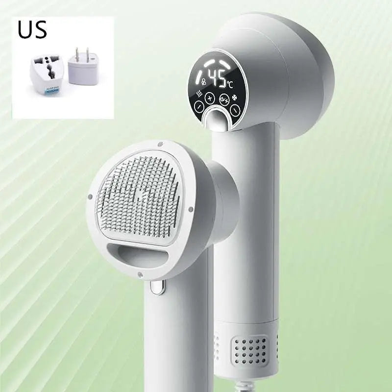 Silver pet hair dryer with digital display, round comb head, and power plug
