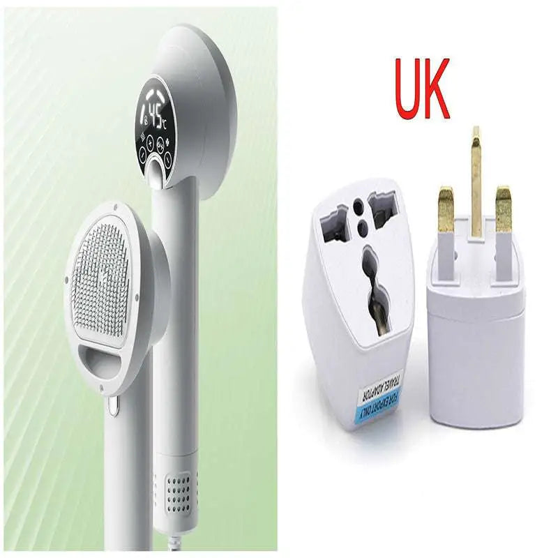 Silver pet hair dryer with round comb head and two-prong power plug