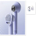 Purple pet hair dryer with digital display and oval rubber bristle brush head