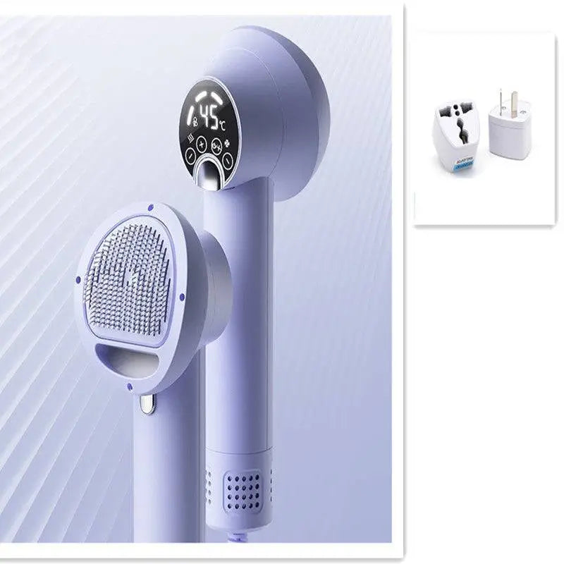 Purple pet hair dryer with digital display and oval rubber bristle brush head