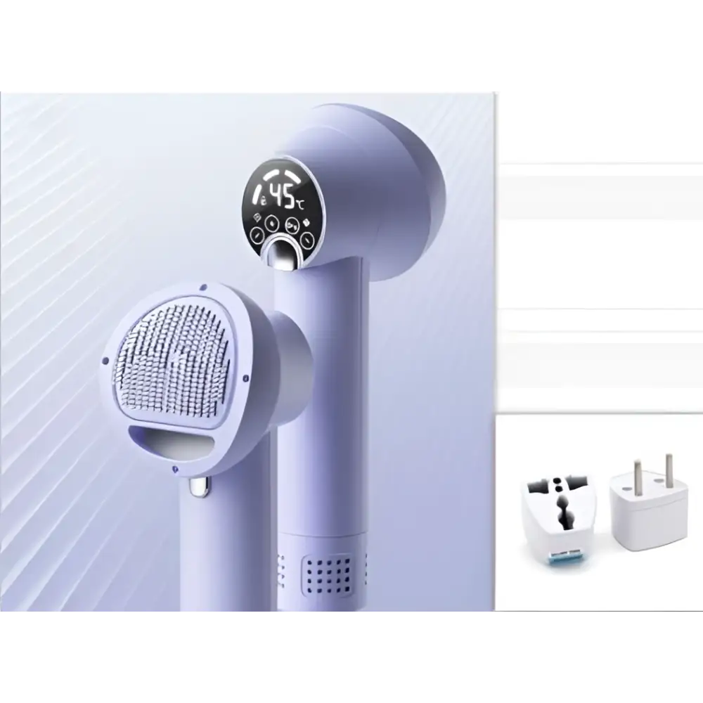 Purple pet hair dryer with digital display, brush attachment, and accessory plug set