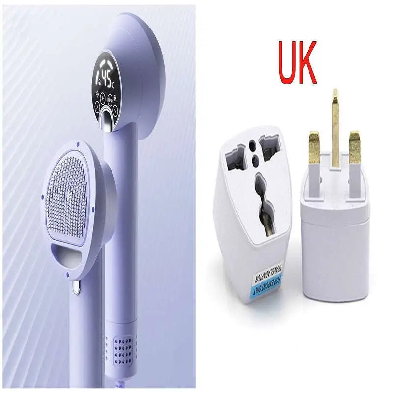 Purple pet hair dryer with oval brush head, digital screen, and UK plug adapter