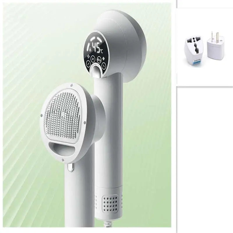 Purple pet hair dryer with digital display and oval brush head for pet grooming