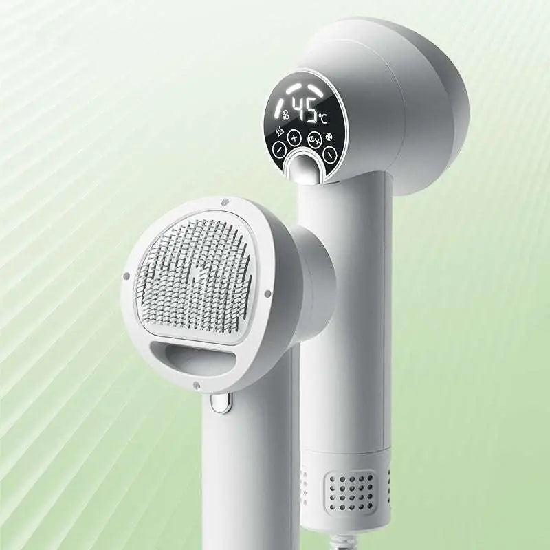 Purple pet hair dryer with digital temperature display and removable brush attachment