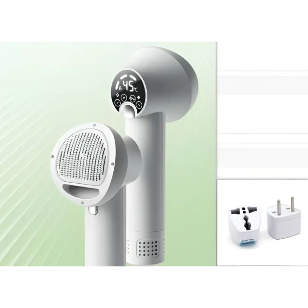 Purple pet hair dryer with digital screen, brush head, and plug adapter accessories