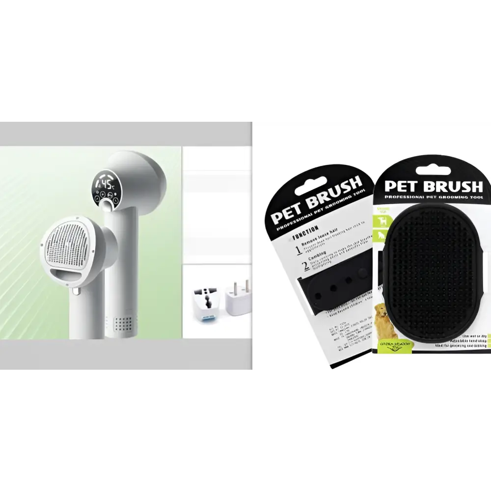 Gray pet hair dryer with round nozzle and digital display panel, paired with pet brush