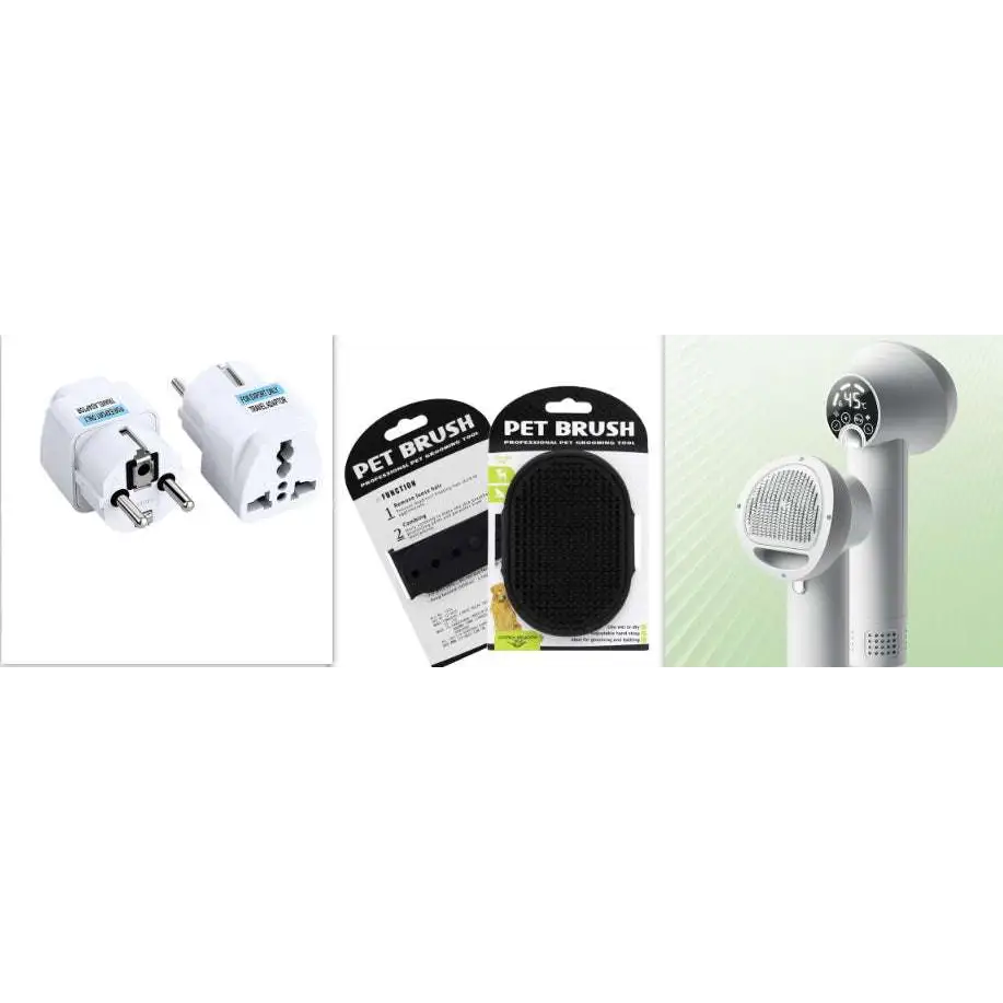Gray pet hair dryer with round nozzle and digital display, plus pet brush and plug adapters