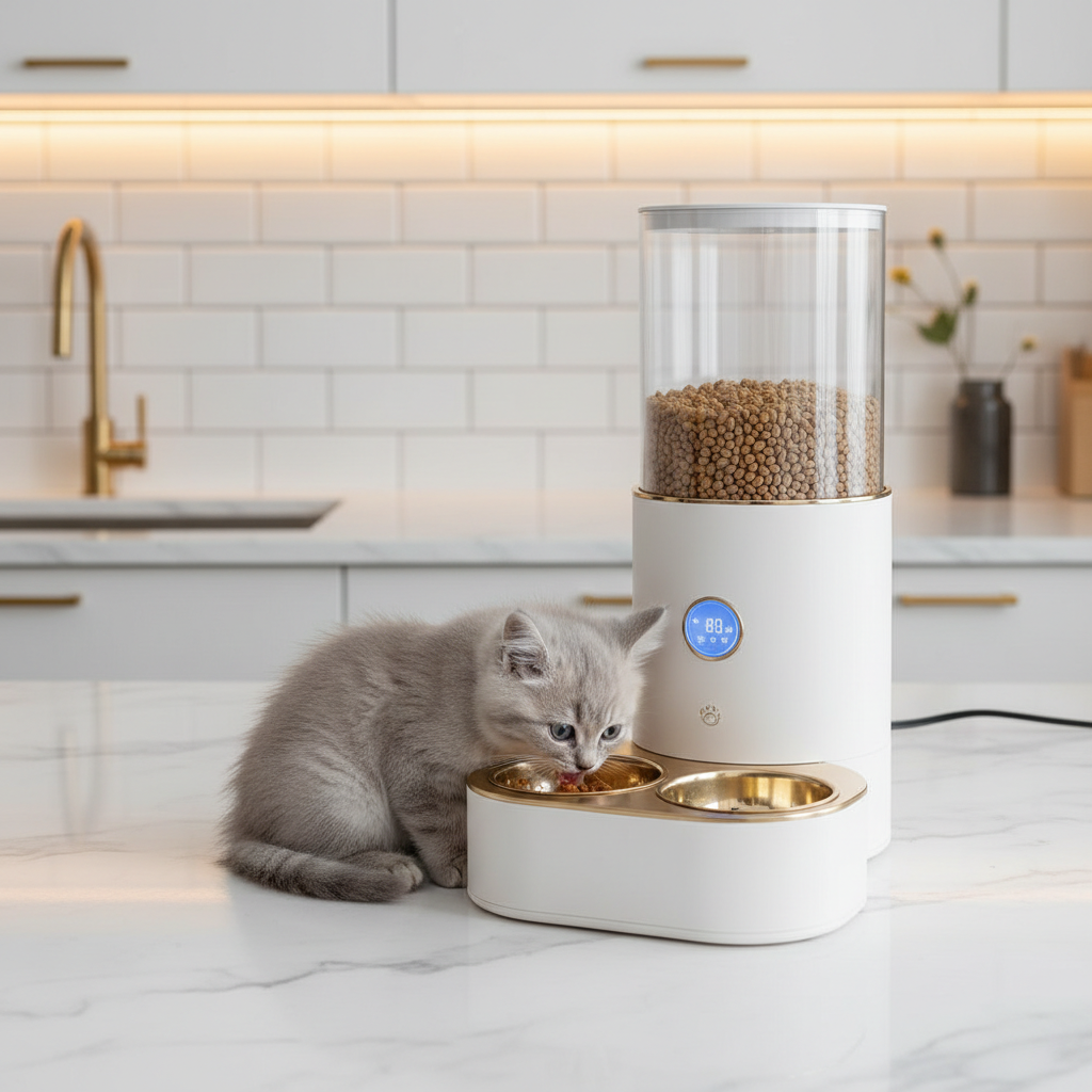 Pearl white automatic cat feeder with dual metal bowls and visual timer display