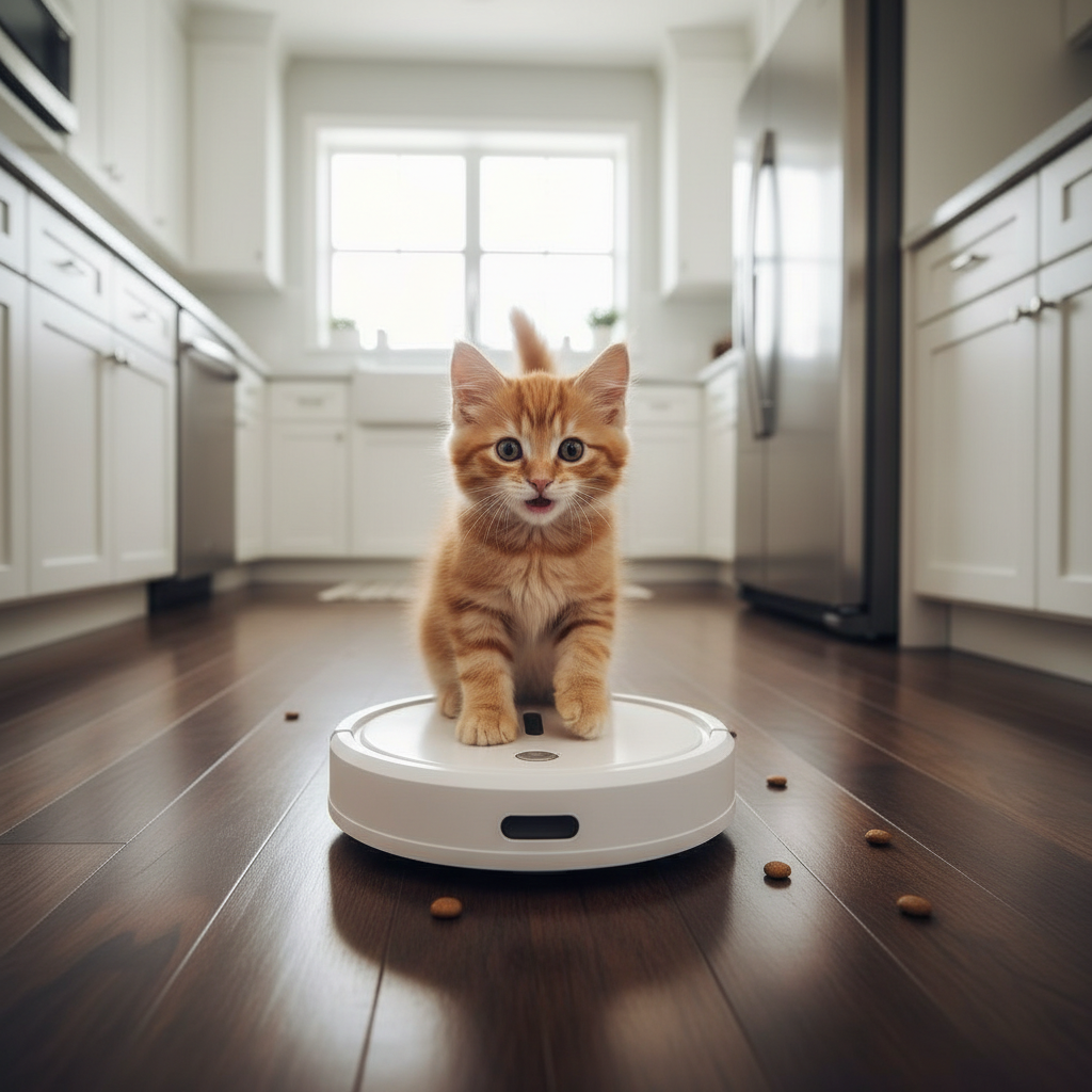 White automatic cat feeder with round top opening and front display slot