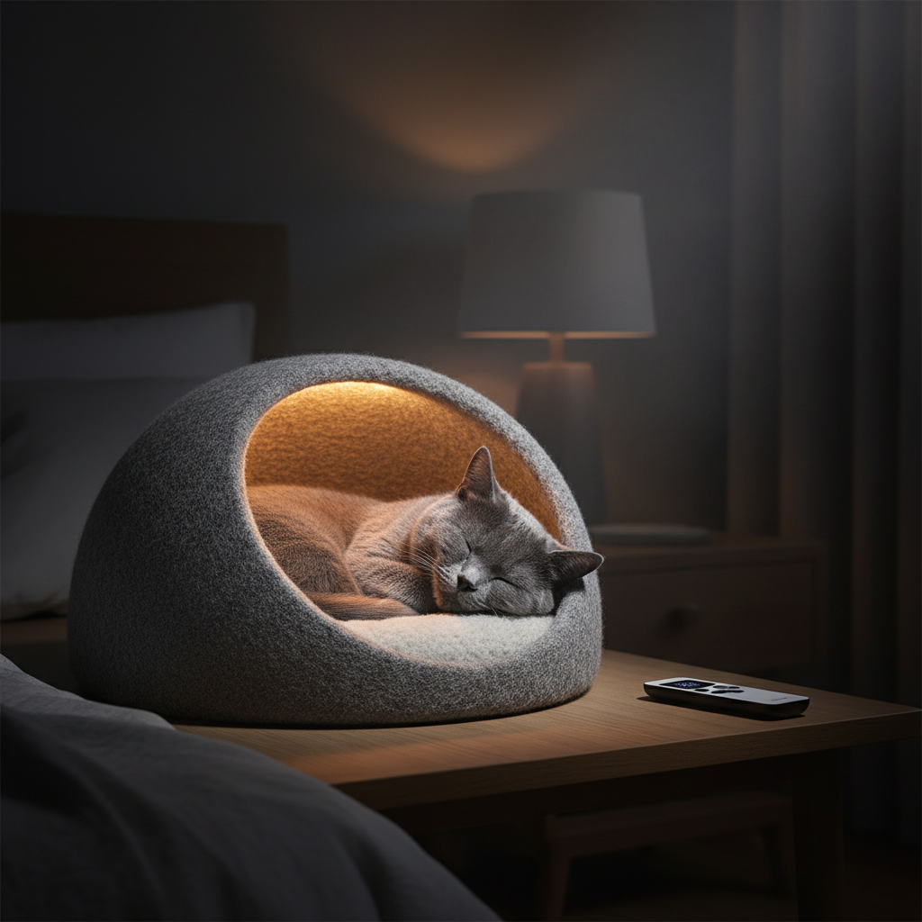 Semi-enclosed cat cave bed, dark gray with warm tan lining; sleeping cat inside.