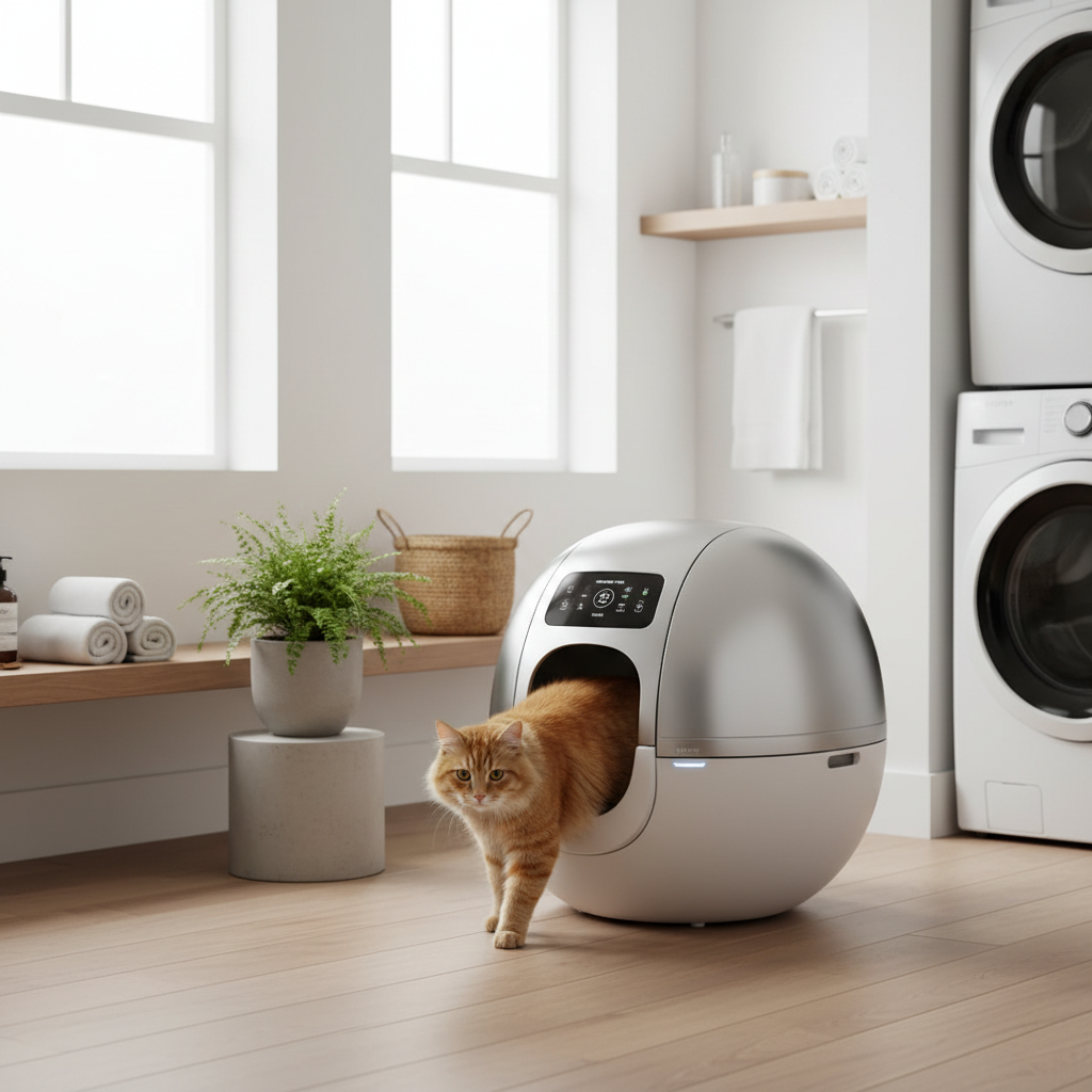 White self-cleaning auto litter box with app control, covered entry hood and display panel