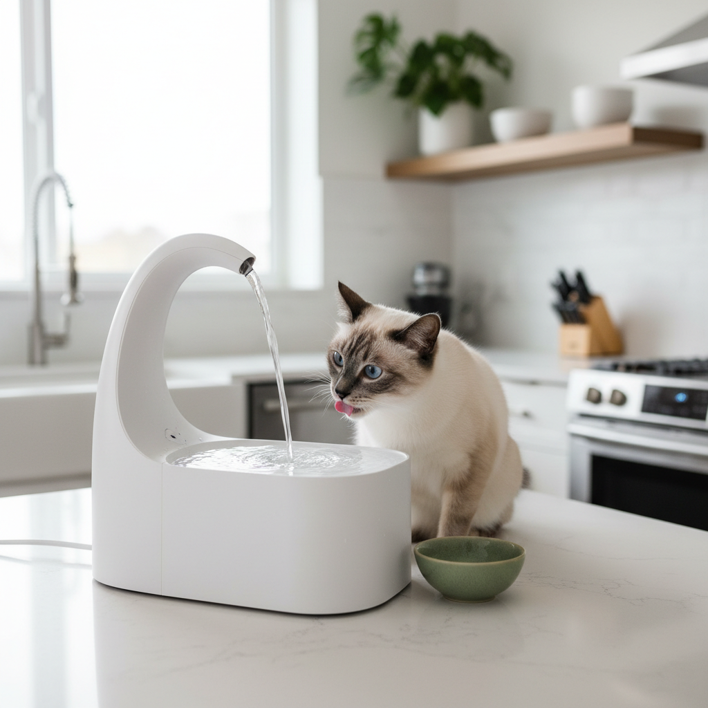 White pet water fountain with flowing water stream and motion-activated drinking bowl