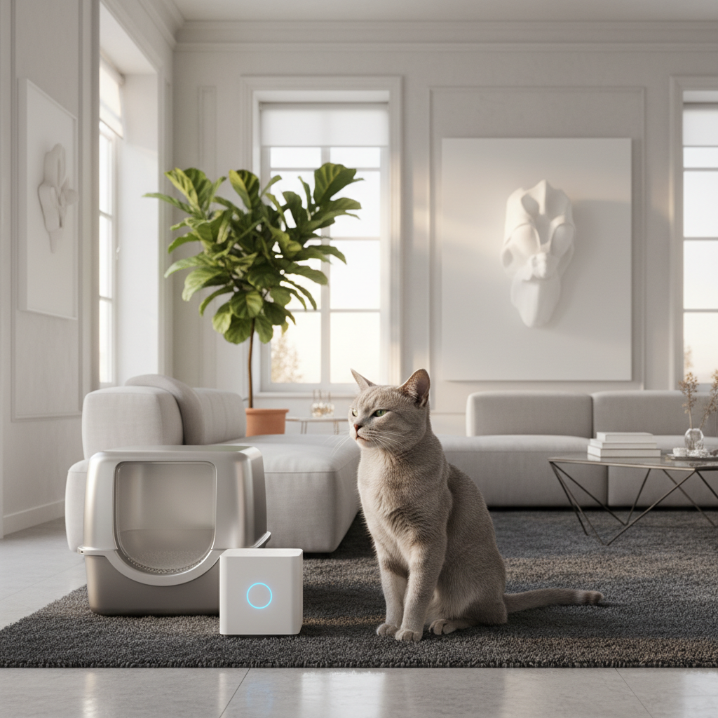 Pet deodorizer device with blue indicator light, white and gray rectangular air freshener box