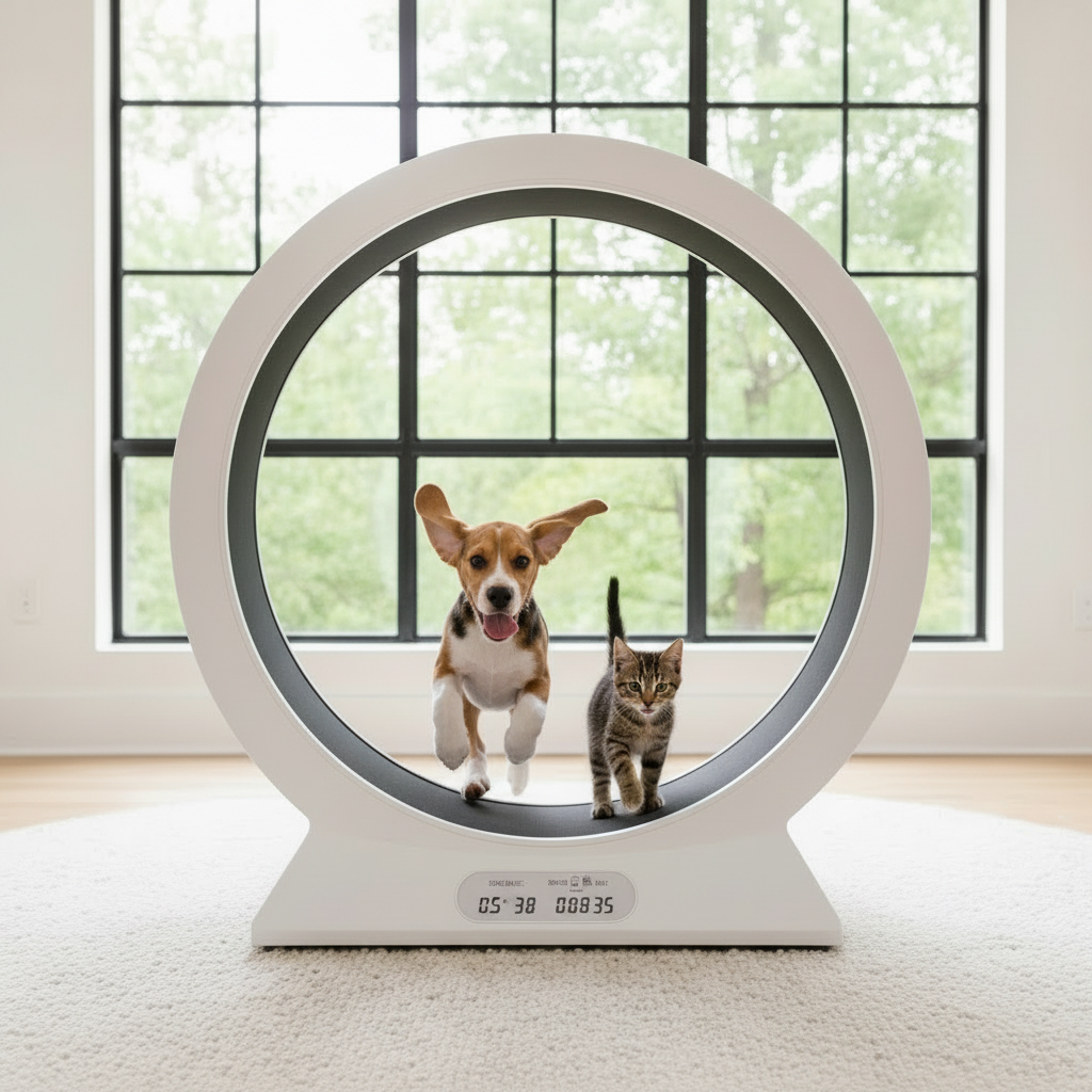 White indoor pet treadmill with circular exercise wheel and digital display base