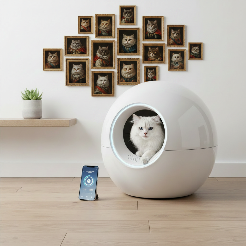 Enclosed self-cleaning cat litter box, white shell with circular entry and cat inside.