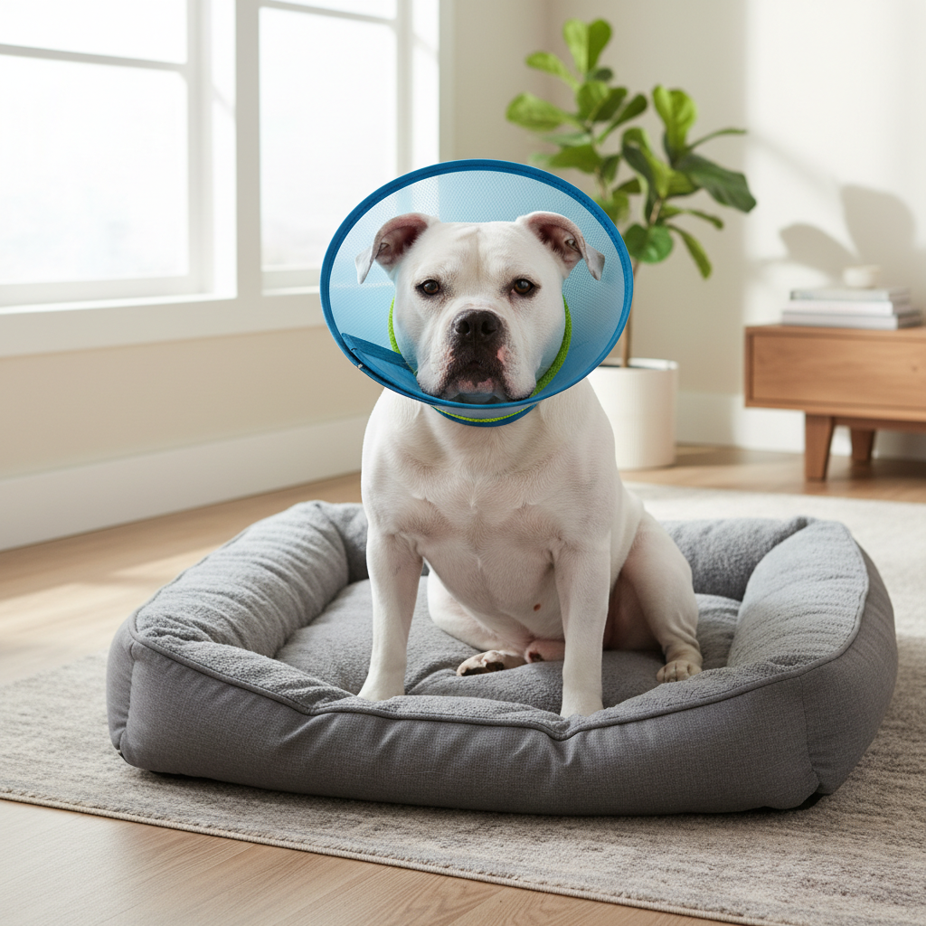 Blue soft recovery cone collar with breathable mesh, worn by a dog around the neck