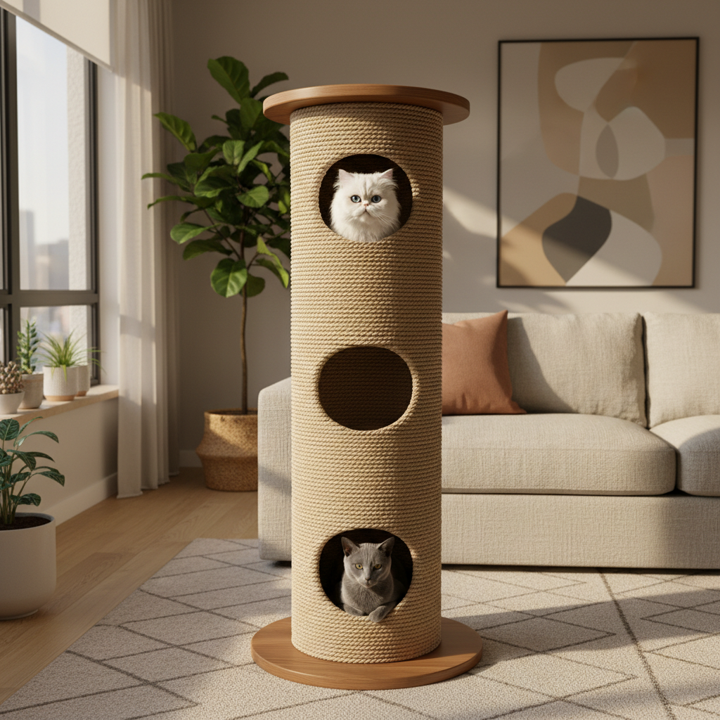 Tall sisal cat climbing tower with two round hide cubbies and cats inside