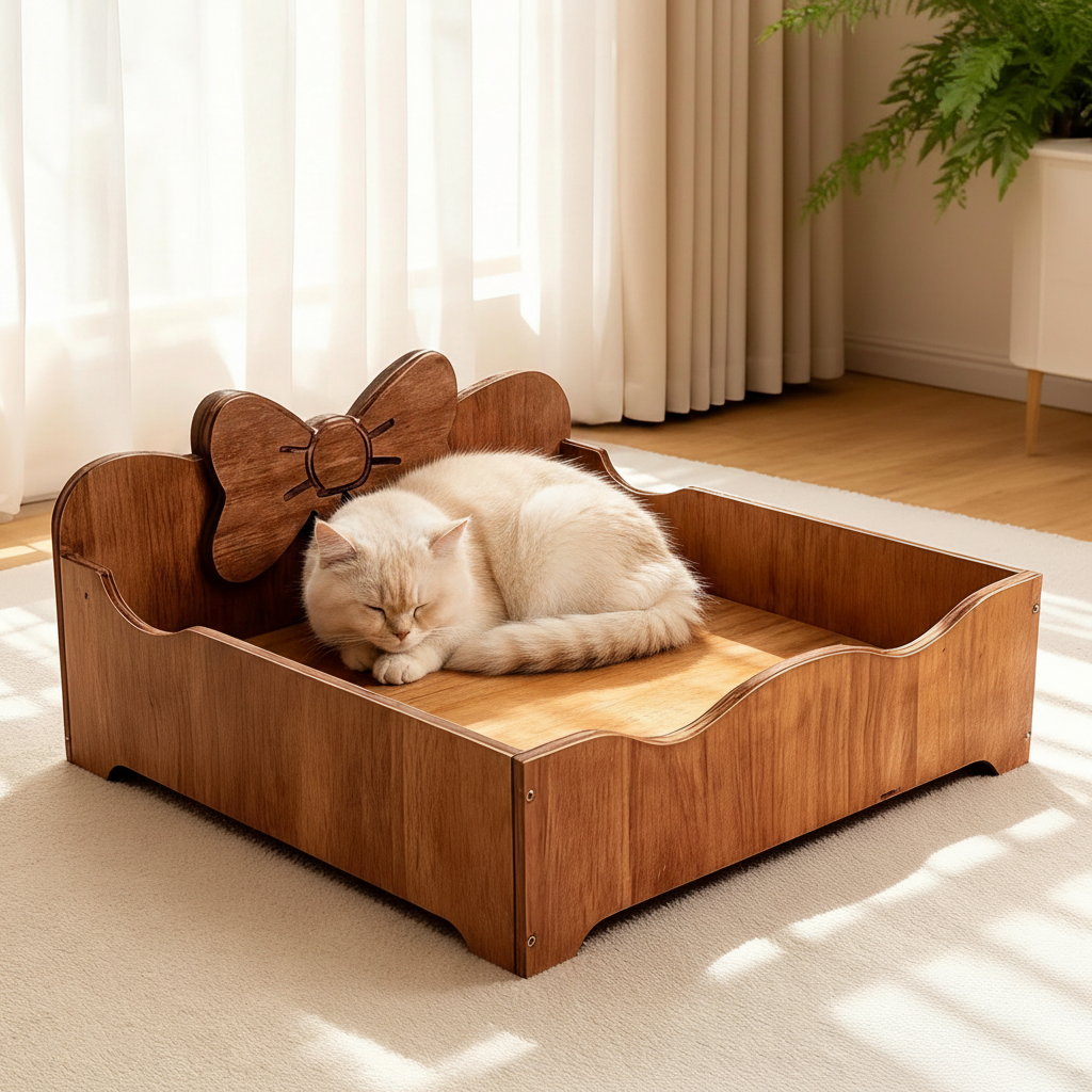 Vintage solid wood cat bed with carved bow back and raised sidewalls, warm brown