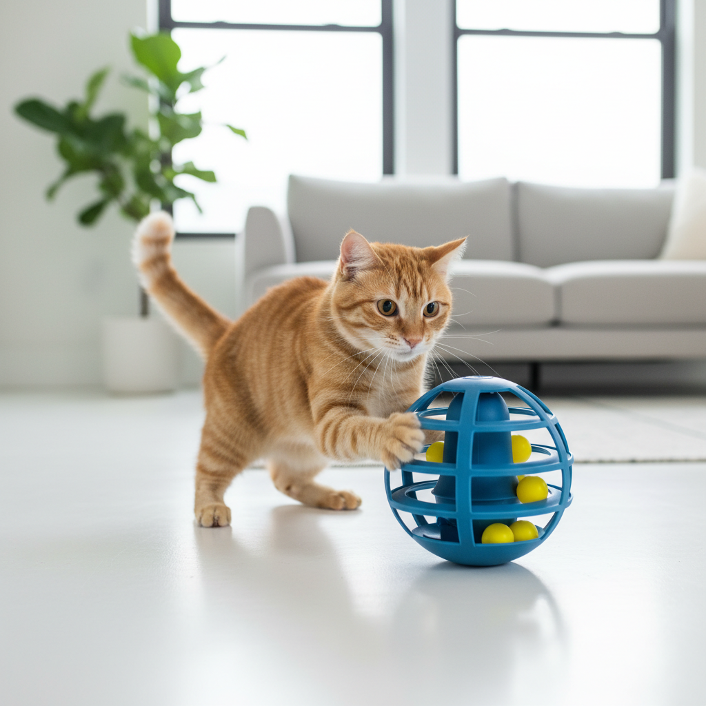 Blue spherical cat tower toy with rolling ball track, interacting cat nearby