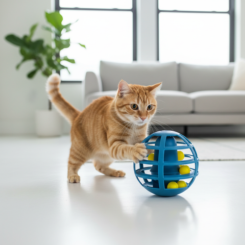 Blue spherical cat tower toy with rolling ball track, interacting cat nearby