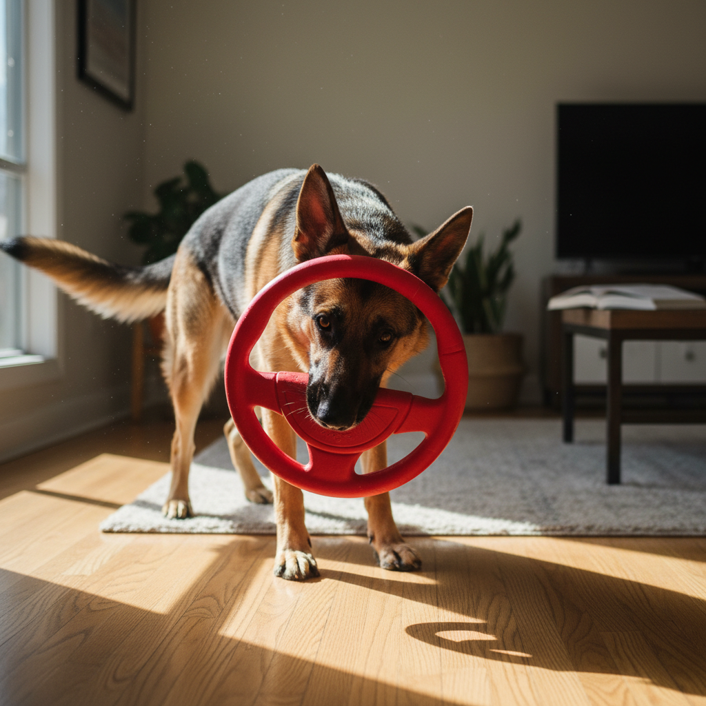 Red steering wheel-shaped dog chew toy with rope-like spokes