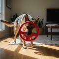 Red steering wheel-shaped dog chew toy with rope-like spokes