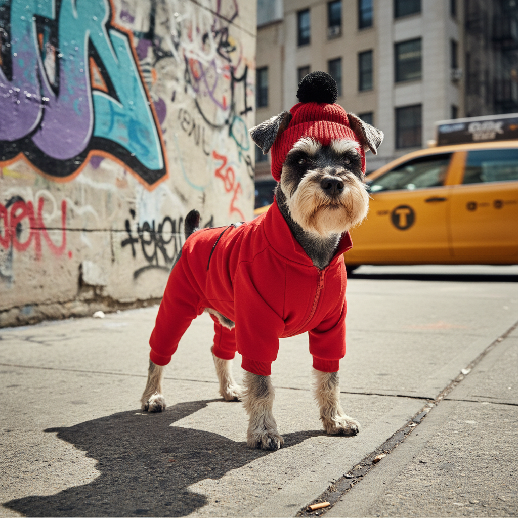 Red dog hoodie outfit with matching knit hat and pom, street style set