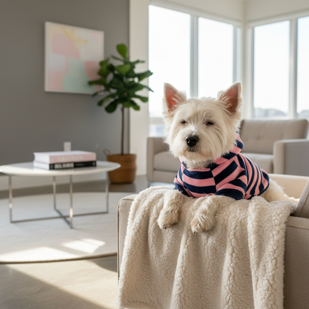 Striped pet hoodie on small dog, blue and pink stripes with front pocket