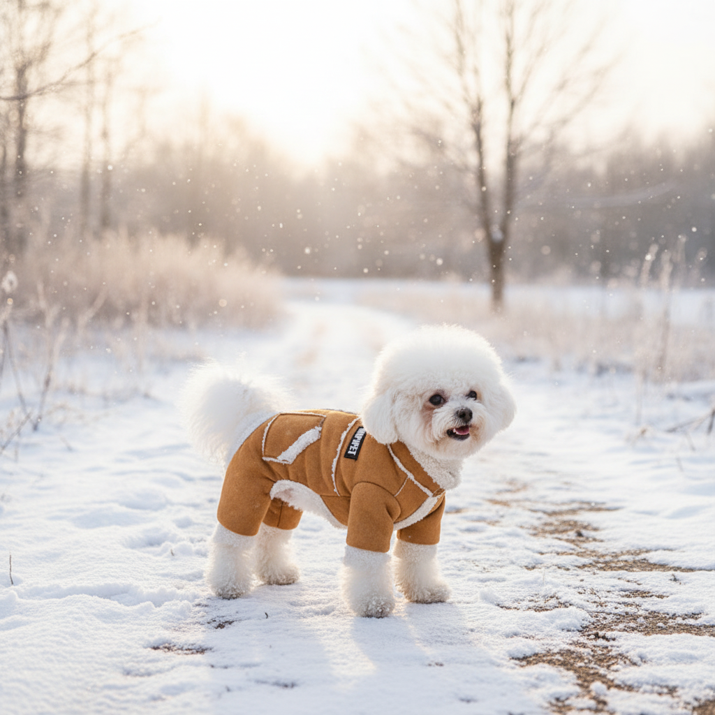 Brown suede pet jumpsuit with white plush sherpa lining and full leg coverage