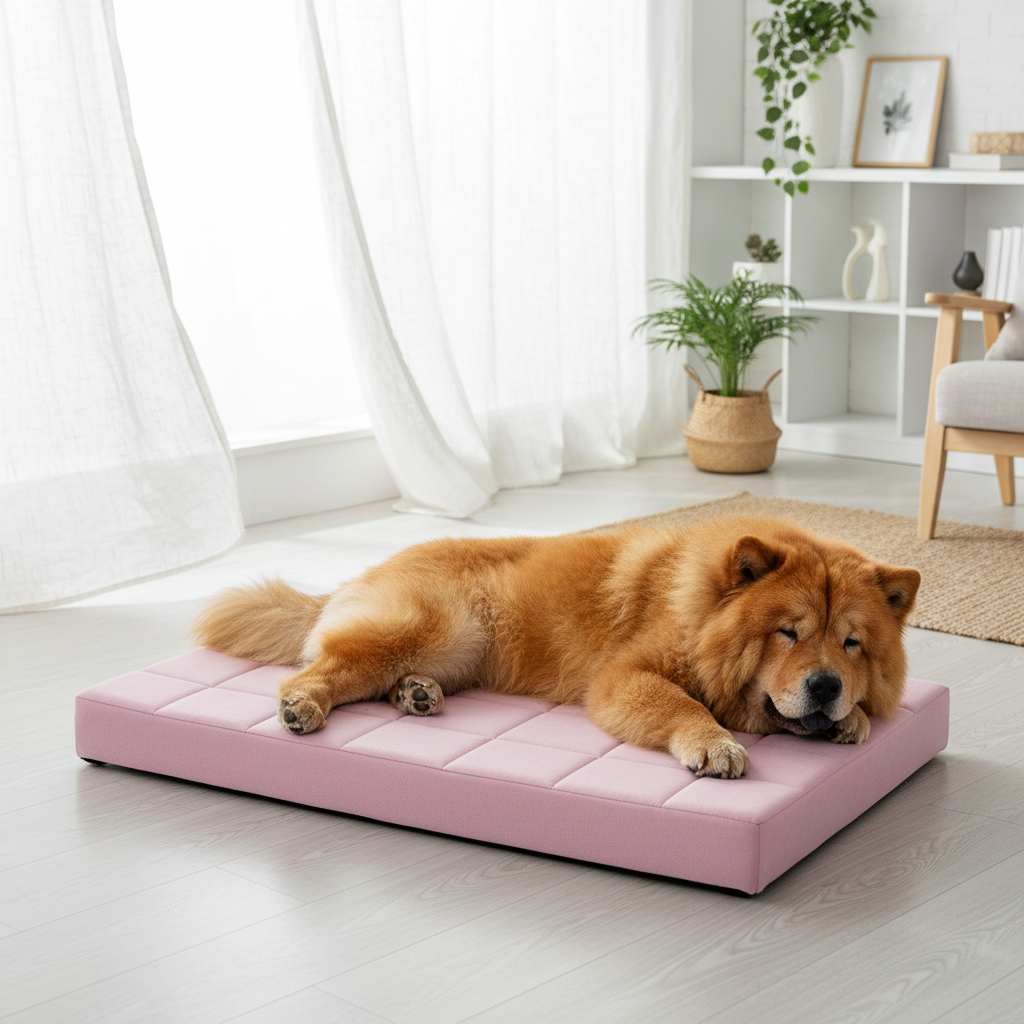Pink pet sofa bed with cushioned mattress and stitched channels, for dogs or cats