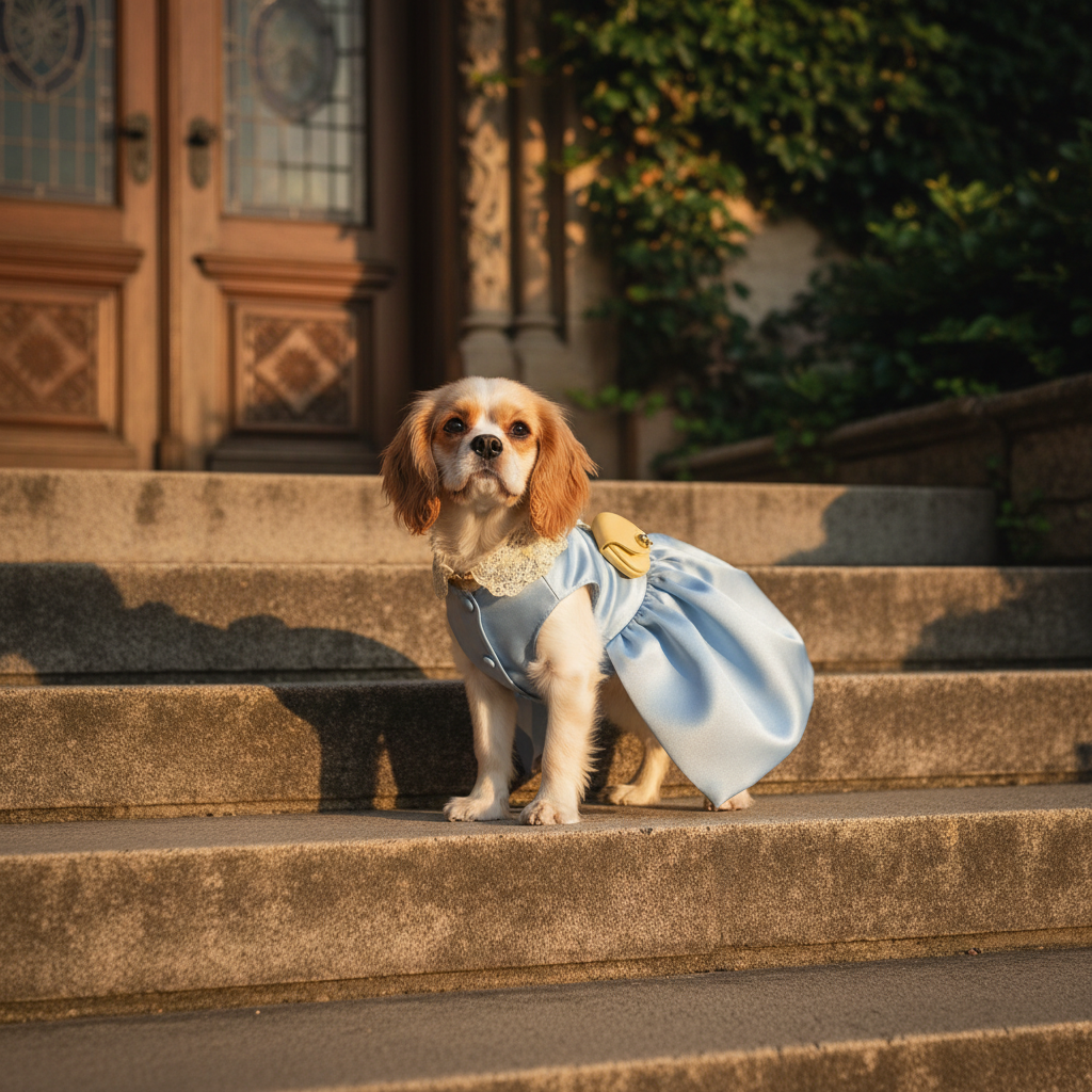 Light blue pet princess dress with faux fur collar, pearl trim, and yellow bow