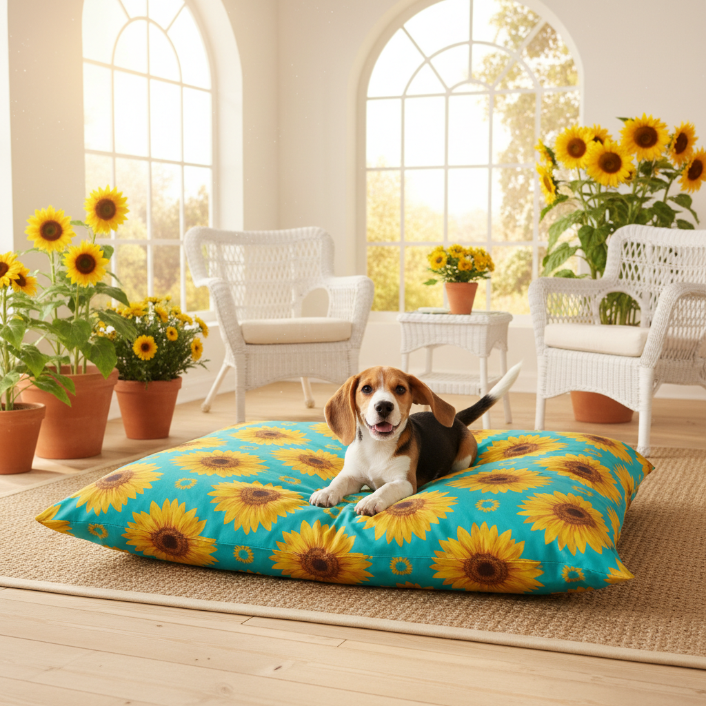 Turquoise sunflower-pattern pet bed, oval cushion