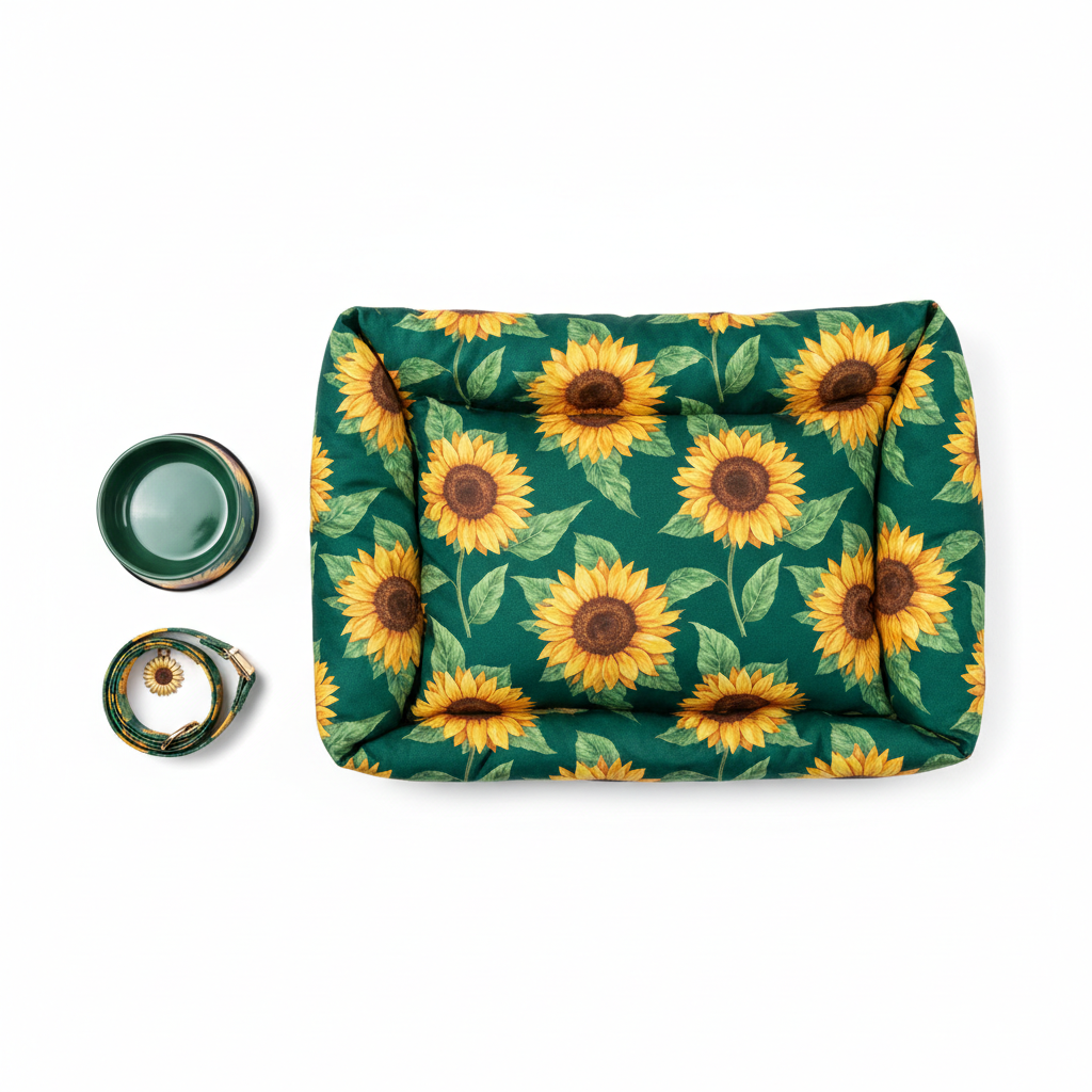 Green sunflower kaleidoscope pet bed with pillow, plus bowl and collar