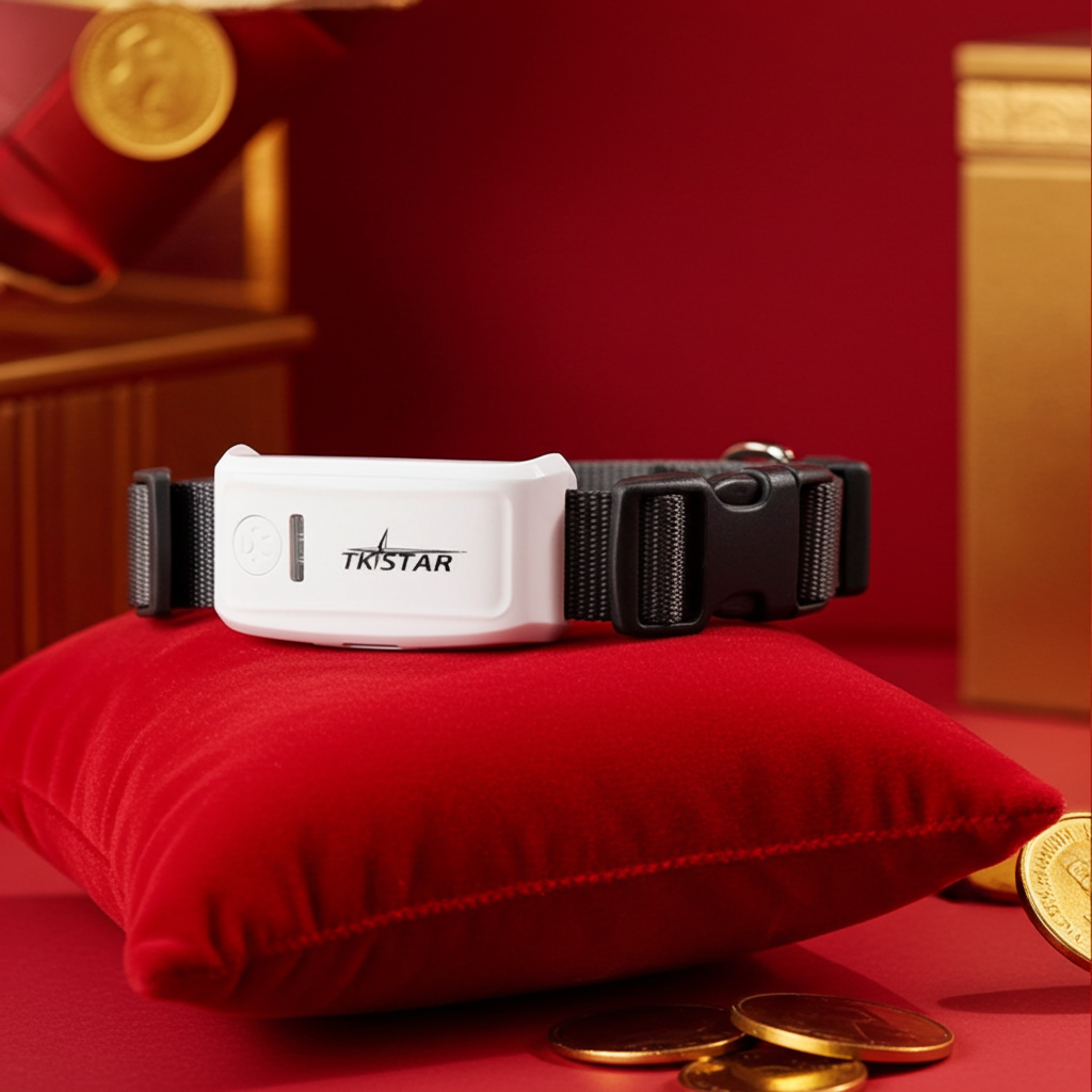 White cat GPS tracker with black adjustable strap and buckle.