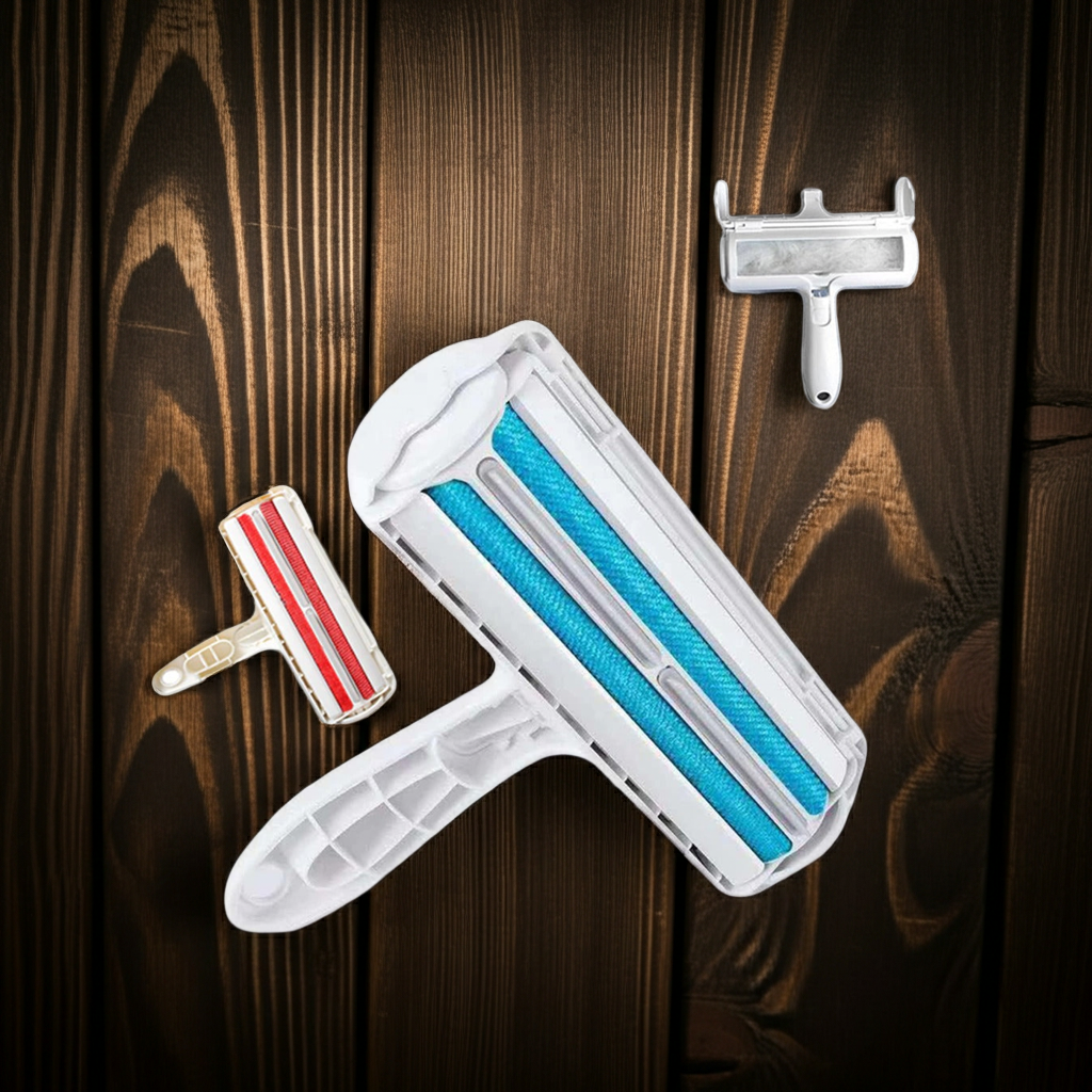 Pet hair roller lint brush with blue roller and separate comb-style accessory