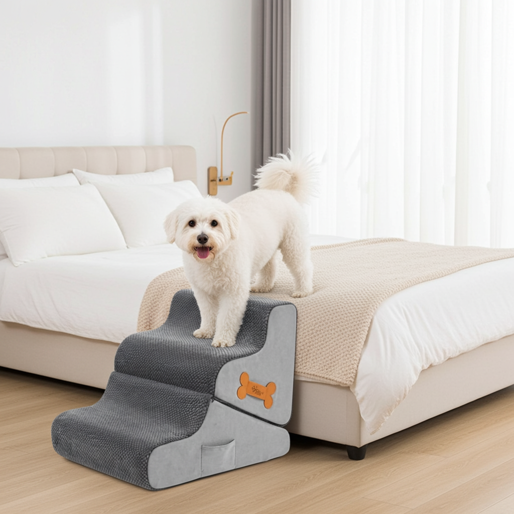 Foldable gray dog ramp with non-slip foam steps and paw icon