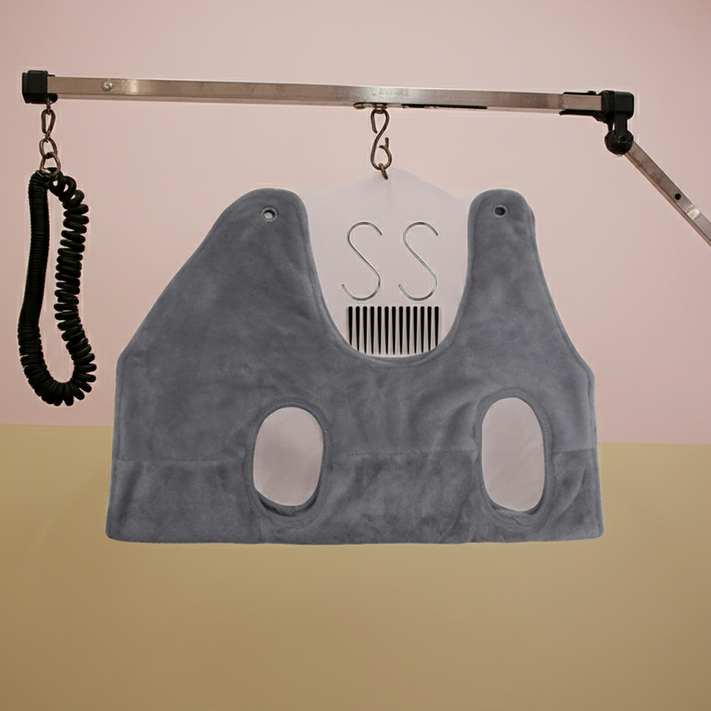 Gray grooming hammock harness with two leg holes and central breathing cutout, hanging loops