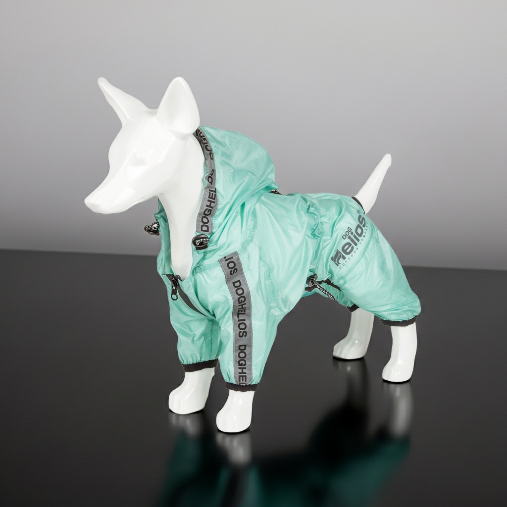 Aqua blue waterproof full-body dog raincoat with dual leash zipper openings, reflective trim