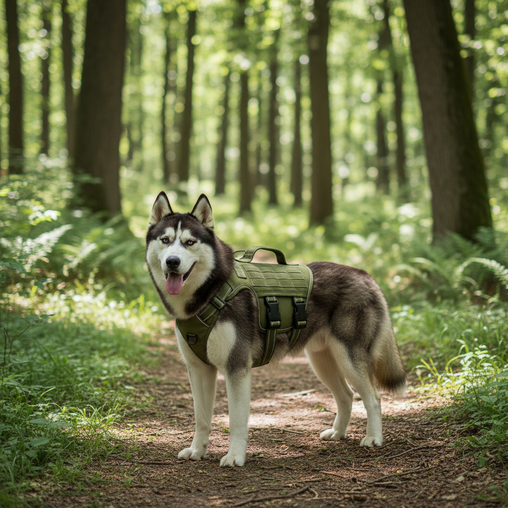 Medium dog tactical harness vest in green with MOLLE webbing and buckles