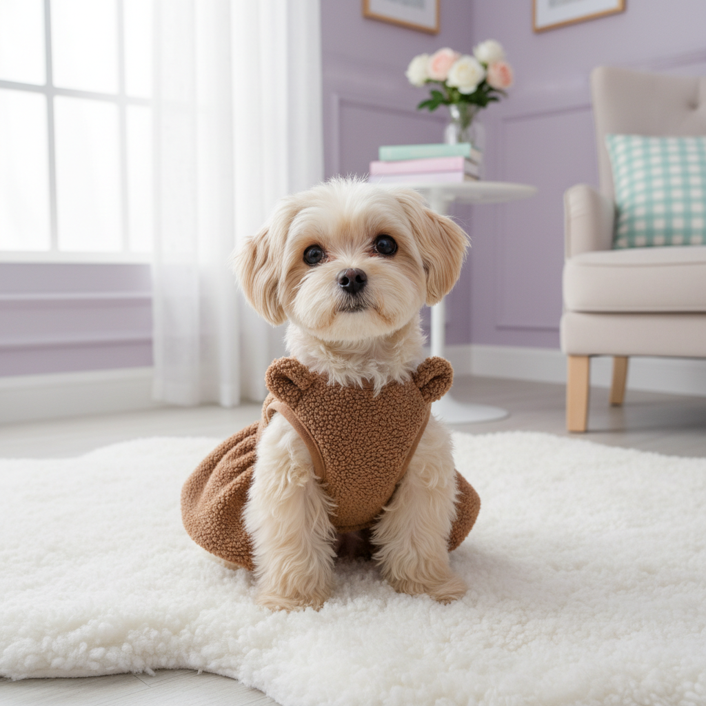 Coffee striped pet skirt with white tulle on a small light-furred dog